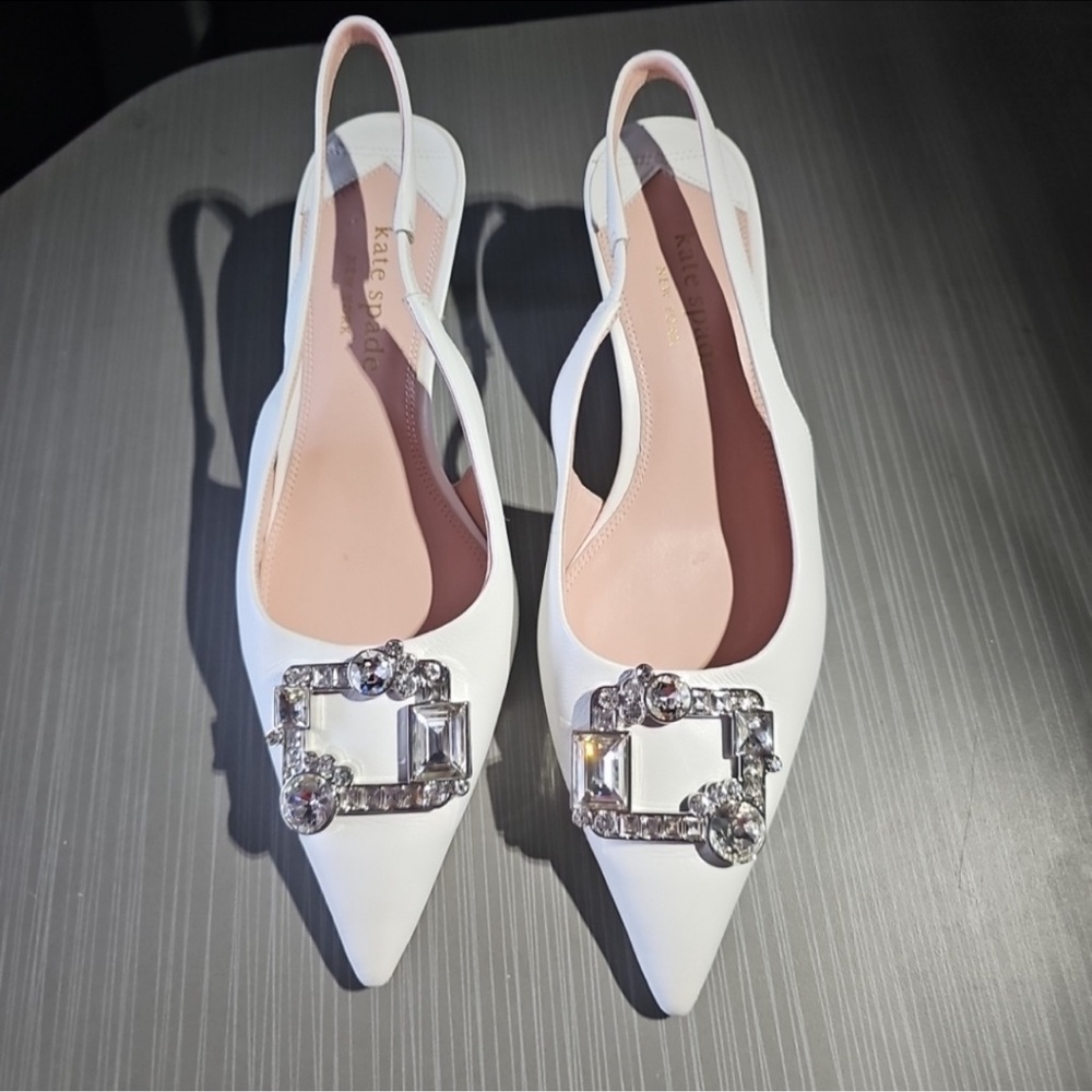 Kate Spade White Slingback Heels with Crystal Buckle